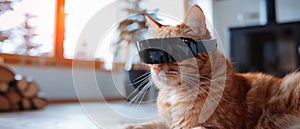 Cat wearing AR glasses, 3D render, indoor light, eyelevel, techsavvy pet , photographic style photo