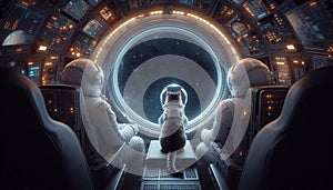 A cat wearing Astronaut suits looking at the spaceship window inside a spaceship in outer space photo