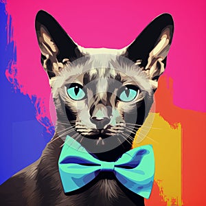 Pop Art Cat Painting: Tonkinese With Bow Tie In Andy Warhol Style photo