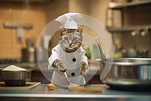 A cat wearing a chef\'s hat and apron, humorously posed in a miniature kitchen.