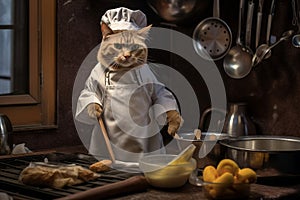 A cat wearing a chef\'s hat and apron, humorously posed in a miniature kitchen.