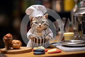 A cat wearing a chef\'s hat and apron, humorously posed in a miniature kitchen.
