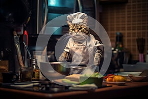 A cat wearing a chef\'s hat and apron, humorously posed in a miniature kitchen.