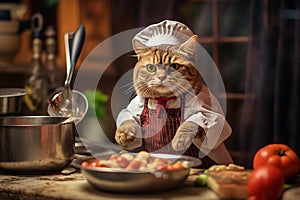 A cat wearing a chef's hat and apron, humorously posed in a miniature kitchen.