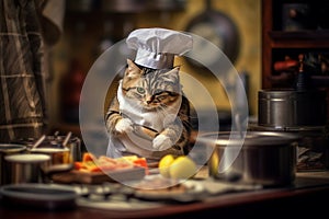 A cat wearing a chef's hat and apron, humorously posed in a miniature kitchen.