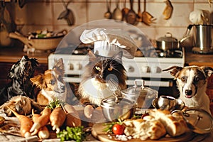 cat wearing a chef\'s hat cooking a gourmet meal in a kitchen full of dogs Generative AI