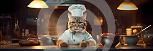 cat wearing a chef& x27;s toque and apron, skillfully preparing gourmet dishes in a professional restaurant kitchen