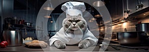 cat wearing a chef& x27;s toque and apron, skillfully preparing gourmet dishes in a professional restaurant kitchen