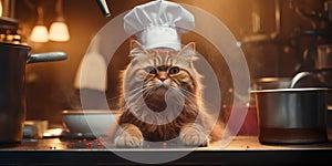 cat wearing a chef& x27;s toque and apron, skillfully preparing gourmet dishes in a professional restaurant kitchen