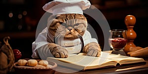 cat wearing a chef& x27;s toque and apron, skillfully preparing gourmet dishes in a professional restaurant kitchen