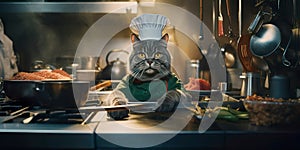 cat wearing a chef& x27;s toque and apron, skillfully preparing gourmet dishes in a professional restaurant kitchen