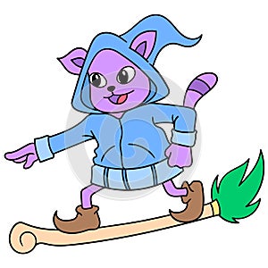 The cat wearing a flying hoodie rides a magic broom, doodle icon image kawaii