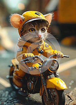 cat wearing a garment outdoors and driving bike