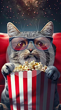 a cat wearing glasses, holding popcorn in one hand and eating it with his tongue out, movie theater background