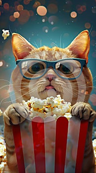 a cat wearing glasses, holding popcorn in one hand and eating it with his tongue out, movie theater background