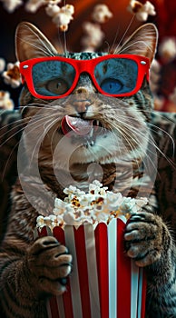 a cat wearing glasses, holding popcorn in one hand and eating it with his tongue out, movie theater background