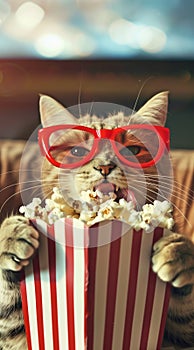 a cat wearing glasses, holding popcorn in one hand and eating it with his tongue out, movie theater background