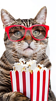 a cat wearing glasses, holding popcorn in one hand and eating it with his tongue out, movie theater background