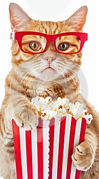 a cat wearing glasses, holding popcorn in one hand and eating it with his tongue out, movie theater background