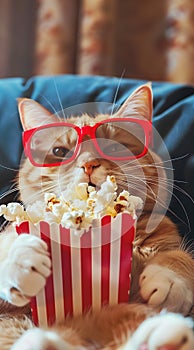 a cat wearing glasses, holding popcorn in one hand and eating it with his tongue out, movie theater background