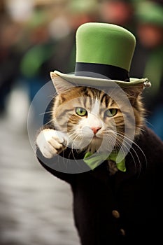 A cat wearing a green bow tie and hat pointing at something, AI