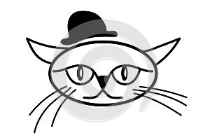 Cat wearing hat. Hand drawn vector illustration of cat face. Cat Isolated objects on white background. Funny cartoon