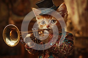 A cat wearing a hat and playing a trombone