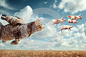 A cat wearing a jetpack soaring through the air, chasing a flock of flying pigs Generative AI