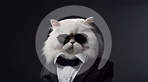 Cat wearing a neat suit and a bow tie, wearing sunglasses, Generative AI