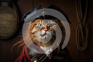 Cat wearing pirate clothes, portrait of funny serious pet in vintage outfit, generative AI