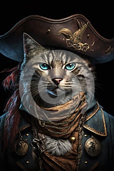 Cat wearing pirate clothes, portrait of funny serious pet in vintage outfit, generative AI