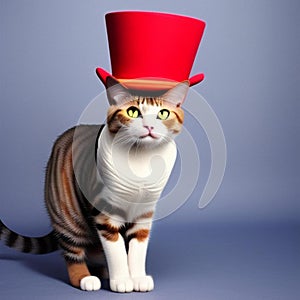 A cat wearing a red hat and standing on a purple background, a very charming pet, generated illustration with ai