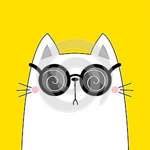 Cat wearing round sunglasses eyeglasses. Hypnotic spiral pattern. Black contour line outline. Magic lenses. Cute cartoon kawaii