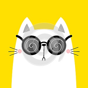 Cat wearing round sunglasses eyeglasses. Hypnotic spiral pattern. Magic lenses. Cute cartoon kawaii funny character. Kitten in