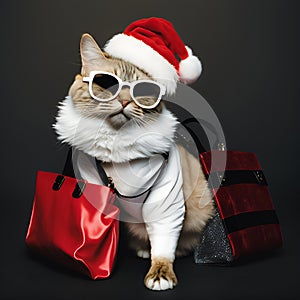 Cat wearing Santa Claus clothes, reg hat and  sunglasses posing on grey background
