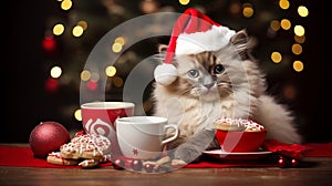 A cute kitten cat wearing Christmis cap