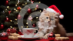 A cute kitten cat wearing Christmis cap, Cat wearing red Santa Hat