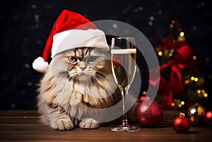 The cat is wearing a Santa hat and sitting next to a glass of champagne