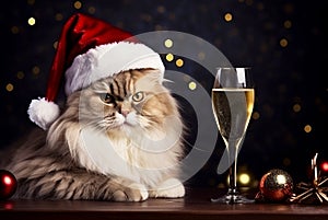 The cat is wearing a Santa hat and sitting next to a glass of champagne