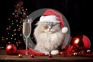 The cat is wearing a Santa hat and sitting next to a glass of champagne