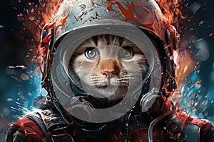 cat wearing a spacesuit. galaxy and stars, and around the cat, beautiful planets and space objects. science, space, and