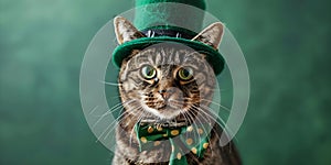 Cat wearing St Patrick\'s Day attire with green background for a card. Concept St Patrick\'s Day, Cat photo