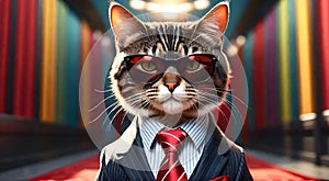 Cat wearing stylish sunglasses and suit with a tie. Generative AI.
