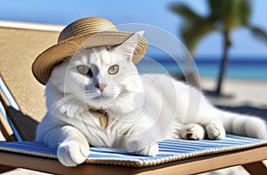 Cat wearing summer hat relaxing sitting on deckchair in the sea background