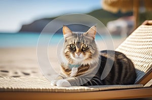 Cat wearing summer hat relaxing sitting on deckchair in the sea background