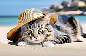 Cat wearing summer hat relaxing sitting on deckchair in the sea background