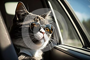 Cat wearing sunglasses on car window. Generative AI. photo