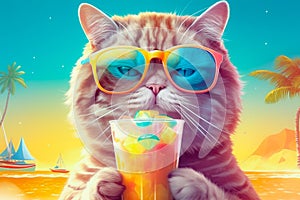 Cat wearing sunglasses with cocktail relaxing in the sea background. Hello summer. Generative AI