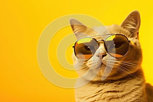 cat wearing sunglasses is enjoying the sunshine on clear yellow background