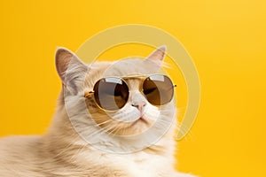 cat wearing sunglasses is enjoying the sunshine on clear yellow background